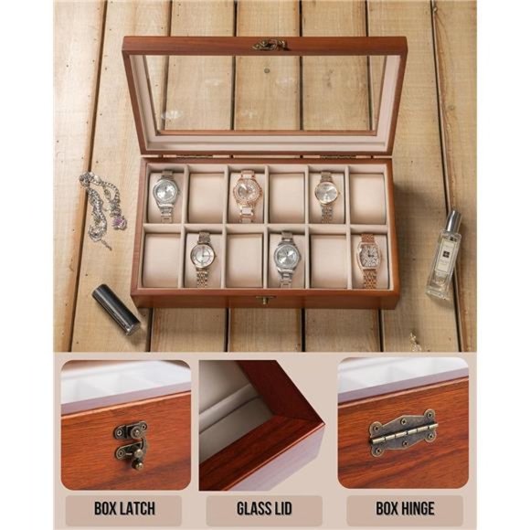 Watch Box Watch Case for Men Women with Large Glass Lid, Wooden Watch Display - Picture 5 of 6